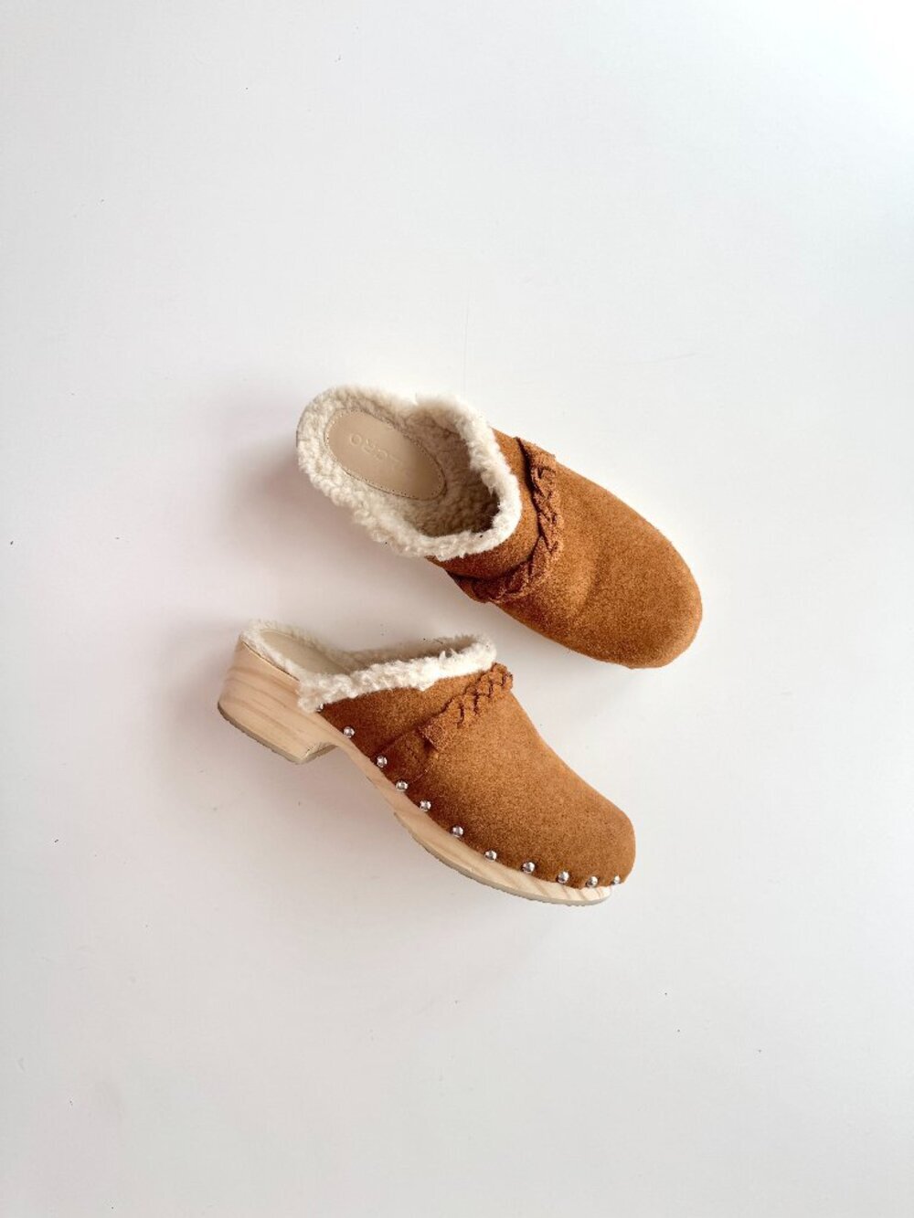PILCRO Brown Suede Leather Faux Shearling Lined Wooden Clogs, Size 10